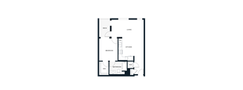A floor plan of a house with a living room, kitchen, bathroom, bedroom and deck.