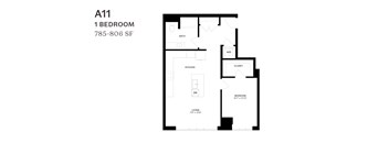 A black and white image of a floor plan for a one bedroom apartment.