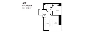 A black and white image of a floor plan for a one bedroom apartment.