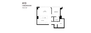 A 1 bedroom apartment with a living room, kitchen, bathroom and closet.
