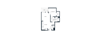 A floor plan of a house with a living room, kitchen, bathroom, bedroom and deck.