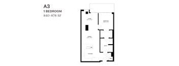 A black and white image of a floor plan for a one bedroom apartment.