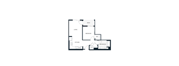 A floor plan of a house with a living room, kitchen, bedroom, and bathroom.