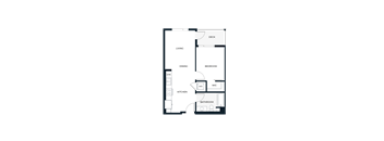 A floor plan of a house with a living room, dining room, kitchen, bedroom, bathroom, and a deck.