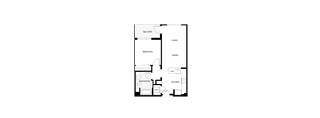 A floor plan of a house with a balcony, living room, dining room, kitchen, bathroom, and bedroom.