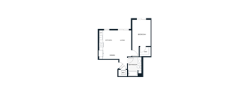 A floor plan of a house with a kitchen, dining area, bathroom, and bedroom.