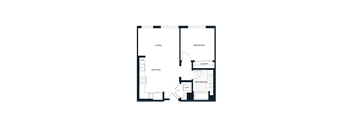 A floor plan of a house with a living room, kitchen, bedroom, bathroom, and closet.