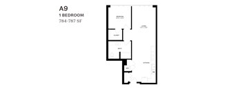 A 1 bedroom apartment with a living room, kitchen, bathroom and closet.