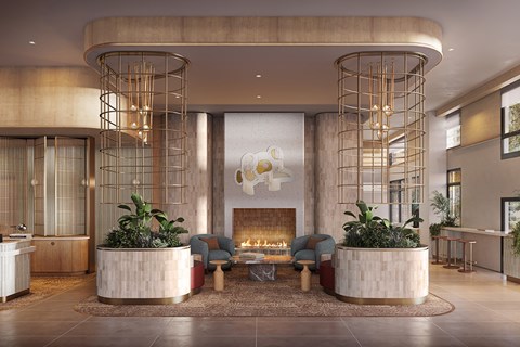 A modern living room with a fireplace and a large painting above it.