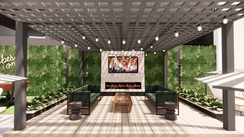 A wooden deck with a screen and seating area.