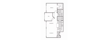 A floor plan of a house with a bedroom, a den, a dining room, a kitchen, a living room, a bathroom, and two closets.