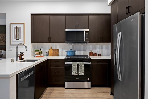 A modern kitchen with dark brown cabinets and stainless steel appliances.