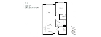 a floor plan of a one bedroom floor plan with a bathroom and a living room