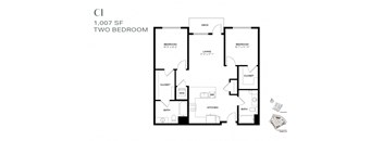 a floor plan of two bedrooms with a bathroom and a living room