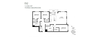 a floor plan of three bedrooms with a bathroom and a living room
