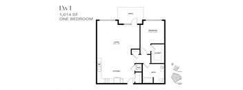 a floor plan of a one bedroom floor plan with an open floor plan
