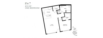 a floor plan of a one bedroom floor plan with a bathroom and a living room