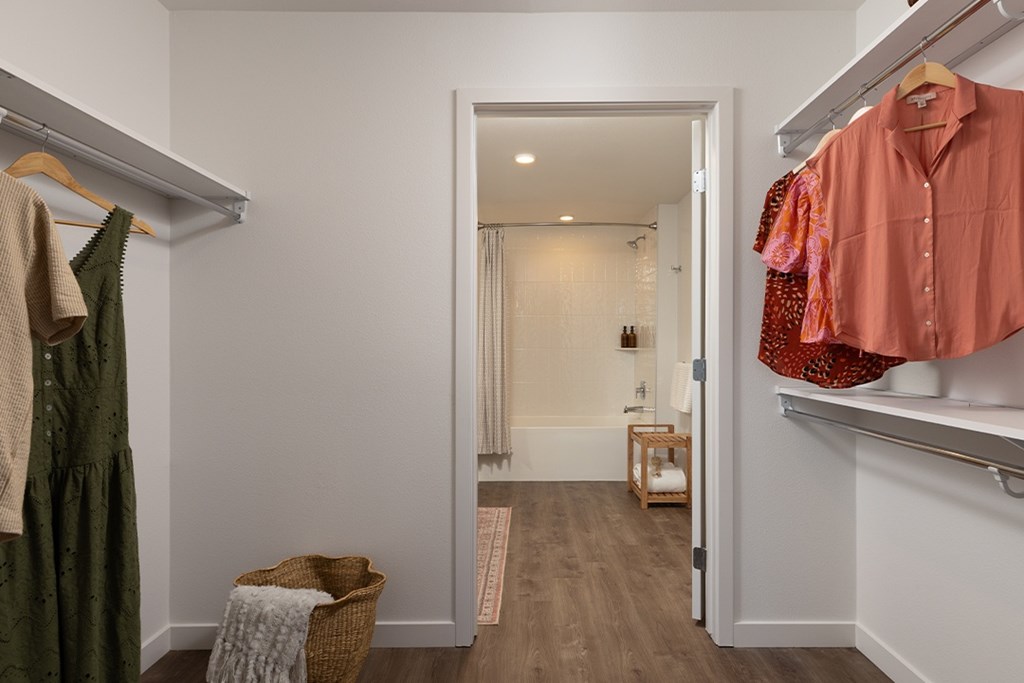 A room with a closet and a doorway leading to another room.