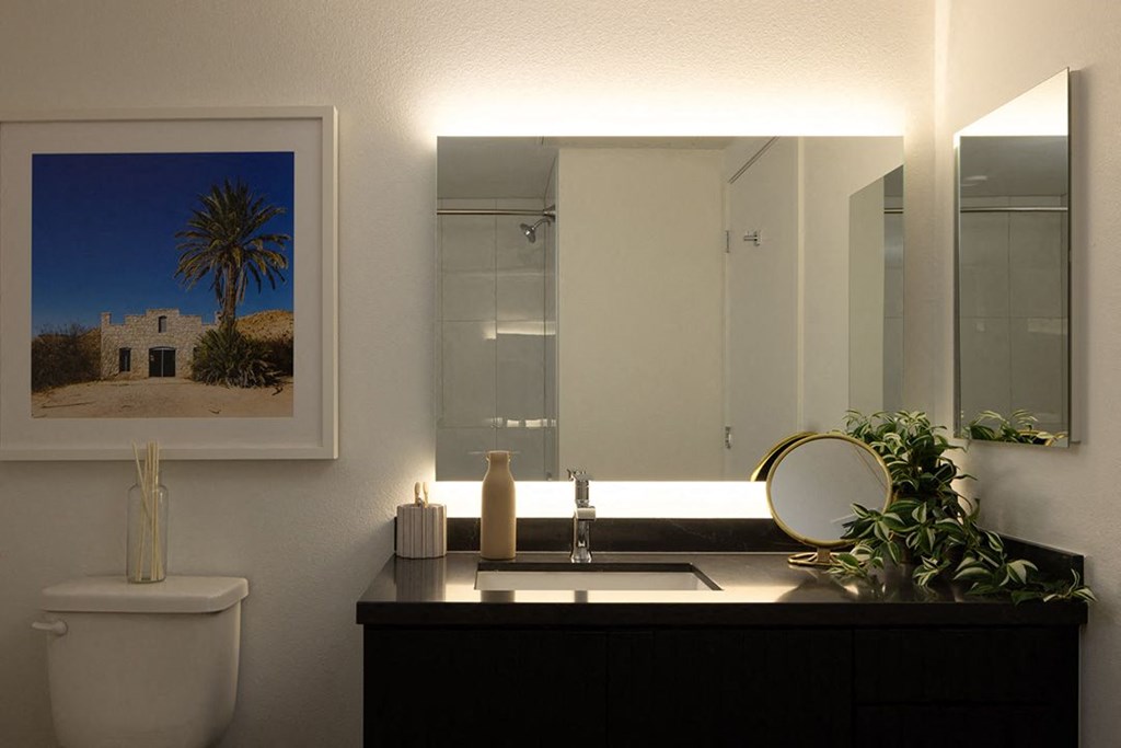 a bathroom with a sink mirror and toilet in it