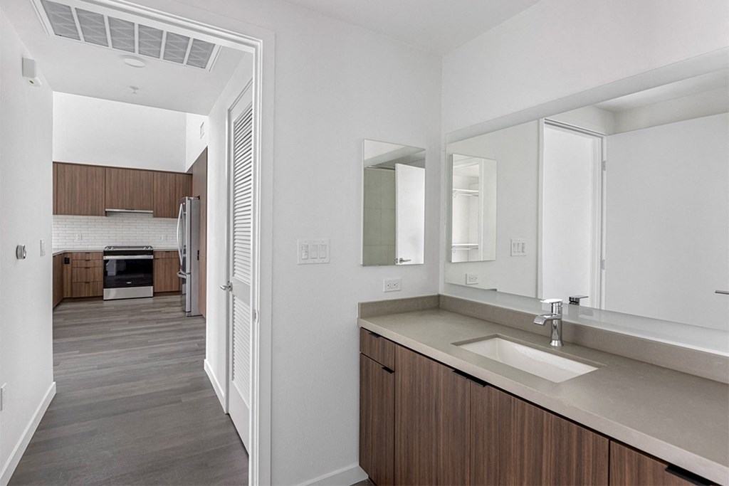 a bathroom with a sink and a mirror