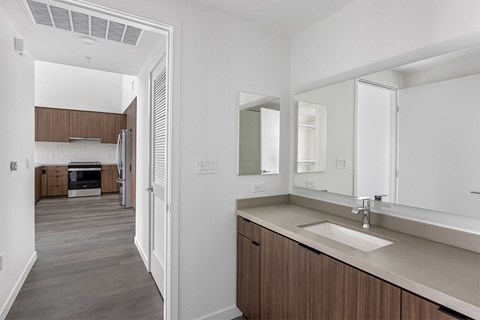 a bathroom with a sink and a mirror