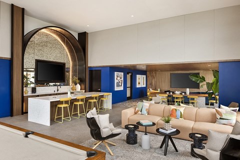 a rendering of a living room and kitchen in a hotel