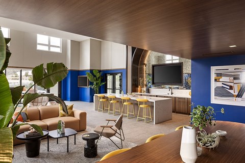 a living room with blue walls and a kitchen with a table and chairs