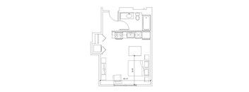A floor plan of a small apartment with a kitchen, living room, and bathroom.