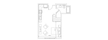 A floor plan of a house with a kitchen, living room, and bathroom.