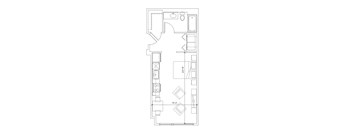 A floor plan of a house with a kitchen, living room, and bathroom.