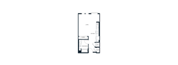 A floor plan of a small apartment with a living room, kitchen, bathroom, and closet.