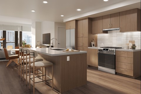 A modern kitchen with wooden cabinets and a large island.