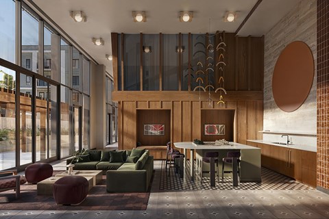 A modern kitchen with a dining table and chairs.