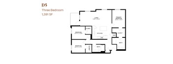 A black and white image of a three bedroom apartment floor plan.