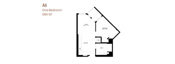 A floor plan of a one bedroom apartment sized 580 square feet.