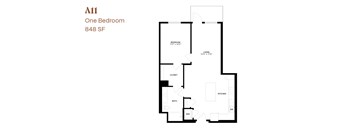 A floor plan of a one bedroom apartment sized 848 square feet.