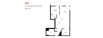 A floor plan of a one bedroom and den apartment sized at 900 square feet.