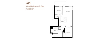 A floor plan for a one bedroom and den apartment sized at 1,055 square feet.