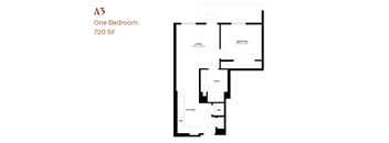 A floor plan of a one bedroom apartment sized 720 square feet.