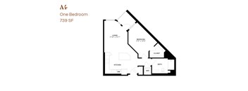 A black and white image of a one bedroom apartment layout.
