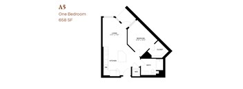A floor plan of a one bedroom apartment sized 658 square feet.
