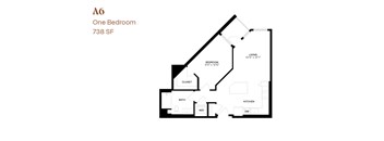 A black and white image of a floor plan for a one bedroom apartment.
