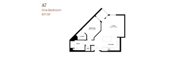 A one bedroom apartment is 871 square feet and includes a living room, kitchen, bath, and closet.