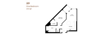 A drawing of a one bedroom apartment at 717 SF.