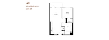 A floor plan of a one bedroom apartment sized 674 square feet.
