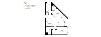 A floor plan of a two bedroom apartment sized 1,116 square feet.