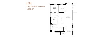 A floor plan of a two bedroom and den apartment.