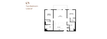 A floor plan of a two bedroom apartment sized 1,138 square feet.