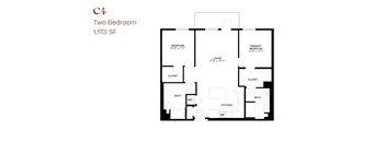 A floor plan of a two bedroom apartment sized 1,173 square feet.