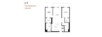 A floor plan of a two bedroom apartment sized 1,194 square feet.